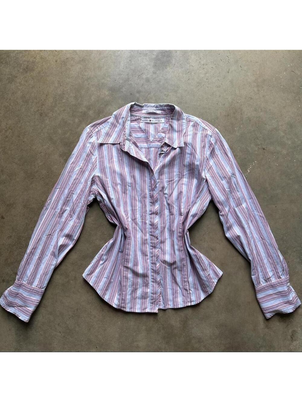 Tommy Hilfiger red, white and blue striped button up shirt